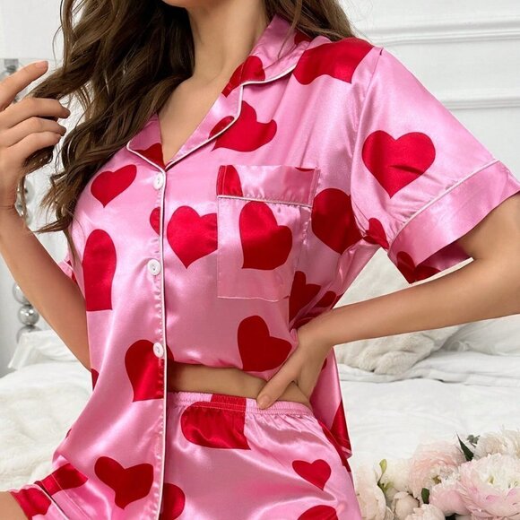 Pink Casual Womens Heart Shape Printed Pajama Set - Picture 1 of 5